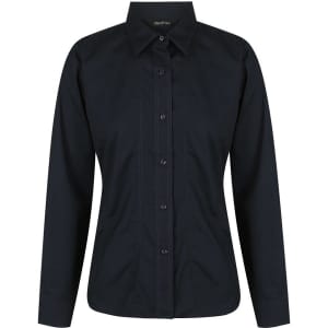 Aston ladies' long sleeve button-up shirt in navy blue with a tailored fit and a small logo.