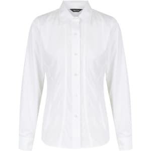 A white long sleeve button-up shirt for ladies, featuring a classic collar and a fitted design.