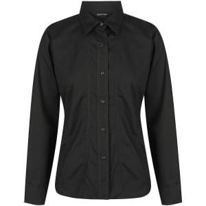 Black ladies long sleeve button-up shirt featuring a fitted design and a front placket with buttons.