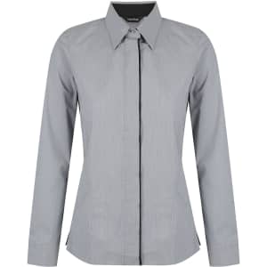 A ladies long sleeve button-up shirt in a light grey fabric with black trim details. Features a classic collar and sleek design.