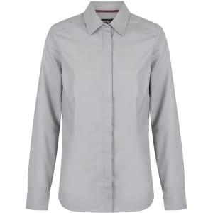 A ladies' long sleeve button-up shirt in light grey with a classic collar. It features a logo on the label.