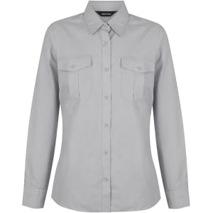 A light grey ladies long sleeve button-up shirt featuring two front pockets and a collar. It has a logo.
