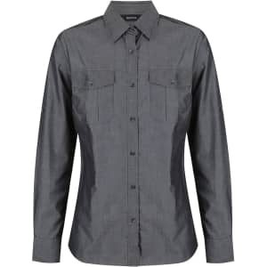 A ladies long sleeve button-up shirt in dark grey with two chest pockets and a collar design.