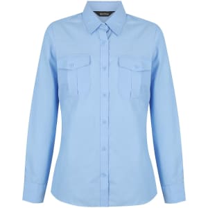 A ladies' long sleeve button-up shirt in light blue, featuring two chest pockets and a branded label.