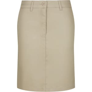 A khaki chino skirt with a front button and a straight cut, featuring a simple design. Includes a logo.