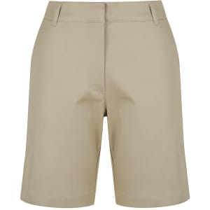 A pair of khaki chino shorts featuring a clean design and front pockets, with a branding logo present.