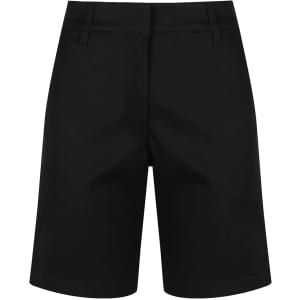 A pair of black chino shorts for women, featuring a simple design and logo on the back.