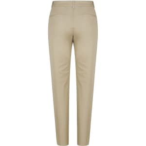 A pair of women's chino pants in a beige colour, featuring a sleek design and a logo on the waistband.
