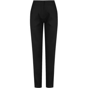 A pair of black ladies' chino pants with a tailored fit, featuring pockets and a logo.