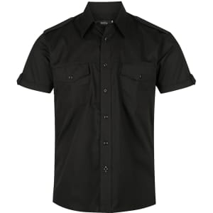 A black short sleeve button-up shirt featuring two front pockets and shoulder details.