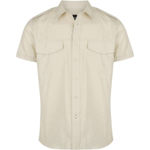 A men's short sleeve button-up shirt in a light beige colour, featuring two chest pockets and shoulder detailing.