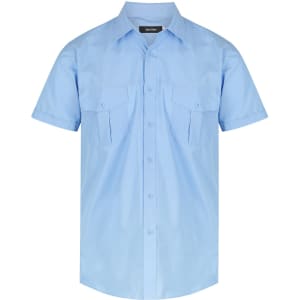 A light blue men's short sleeve button-up shirt with two chest pockets and a logo on the label.