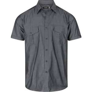 A short sleeve button-up shirt in a dark grey colour with two chest pockets and a logo.