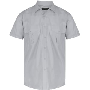 A short-sleeve button-up shirt in light grey with two chest pockets and a logo on the label.