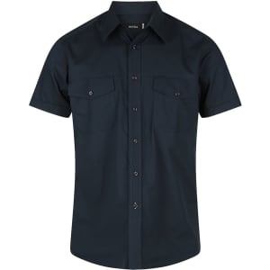 A dark green men's short sleeve button-up shirt featuring two chest pockets and a logo.