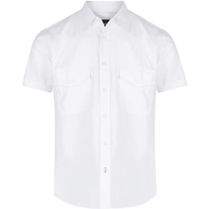 A white short sleeve button-up shirt with two chest pockets and a branding logo.