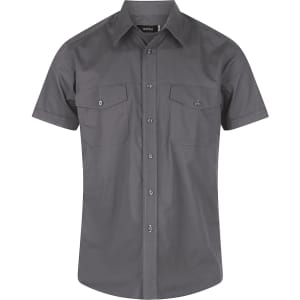 A grey short sleeve button-up shirt with two front pockets and a logo.