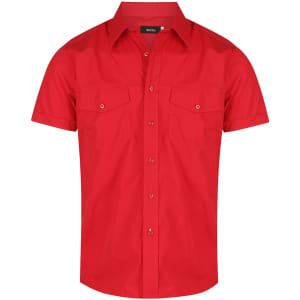 A red short sleeve button-up shirt featuring two chest pockets and a logo.