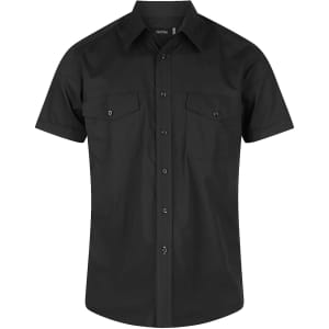 A black short sleeve button-up shirt with two chest pockets and a logo.