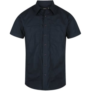 A short sleeve button-up shirt in navy blue, featuring two chest pockets and a logo on the collar.