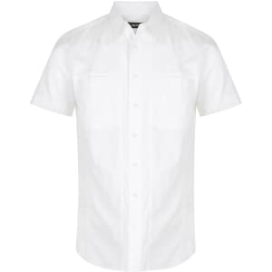 White short sleeve button-up shirt featuring two chest pockets and a logo on the label.