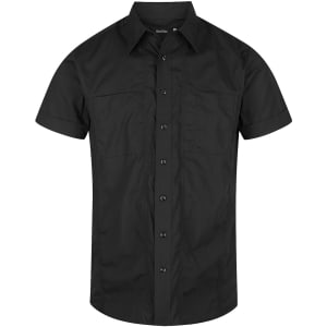 Black short sleeve button-up shirt featuring a structured design and two front pockets. Includes a logo.