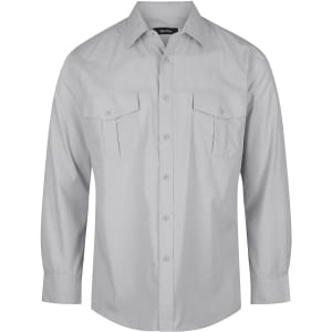 A light grey long sleeve button-up shirt featuring two chest pockets and a logo.