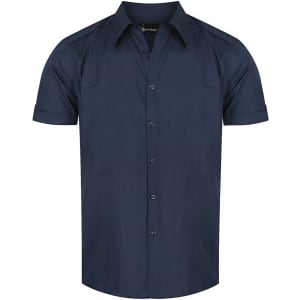 A navy short sleeve button-up shirt with a structured design and two chest pockets. It features a logo on the label.