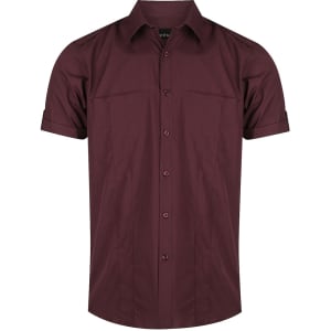 A men's short sleeve button-up shirt in burgundy with a logo, featuring two front pockets and rolled sleeves.