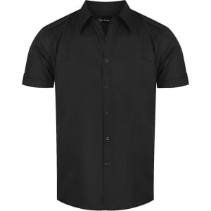 A black short sleeve button-up shirt with a sleek design and a logo on the collar.