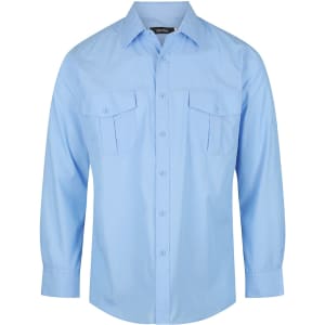 A light blue men's long sleeve button-up shirt with two front pockets and a collar. It has a logo.