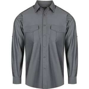 A men's long sleeve shirt in grey, featuring two chest pockets and a button-up front. Includes a logo branding.
