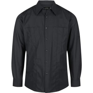 A black long sleeve button-up shirt featuring a collar and front button closure, with a logo on the sleeve.