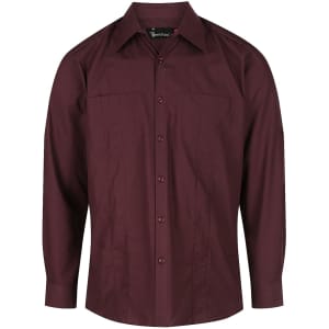 A burgundy long sleeve button-up shirt featuring a collar and front placket. It has a logo on the sleeve.