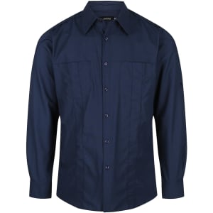 A men's long sleeve button-up shirt in navy blue with a logo on the sleeve.