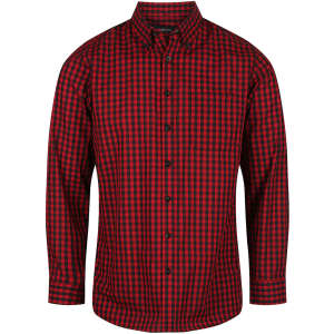 A red and black checkered long sleeve button-up shirt featuring a collar and a logo.