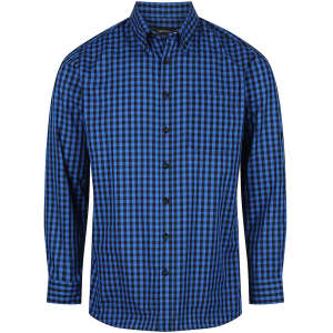 A blue and black checked long sleeve button-up shirt featuring a collar and button placket.