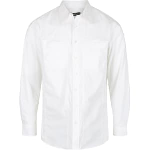 A white long sleeve button-up shirt with two chest pockets and a collar. Features branding on the label.