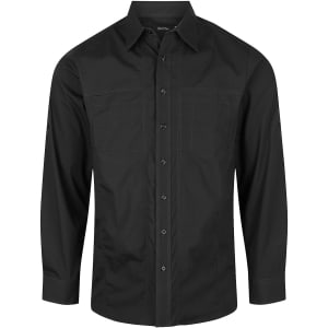 A black long sleeve button-up shirt with two chest pockets and a logo on one sleeve.