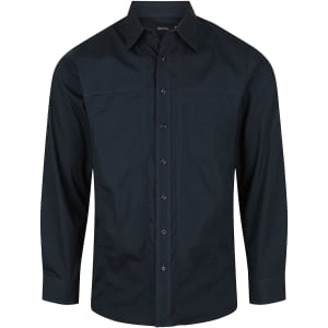 Aston men's long sleeve button-up shirt in dark blue, featuring two chest pockets and a branded logo.