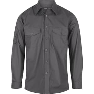 A dark grey long sleeve button-up shirt with two chest pockets and a sleeve pocket, featuring a logo.