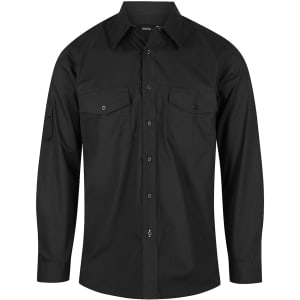 A black long sleeve button-up shirt with two chest pockets and a logo on the chest.