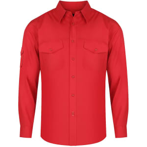 A red men's long sleeve button-up shirt featuring two chest pockets and a branded logo.