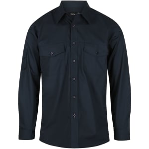 A dark green long sleeve button-up shirt with two chest pockets and a logo.