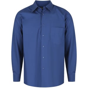A blue men's long sleeve button-up shirt featuring a single chest pocket and a collar. It has a branding logo.