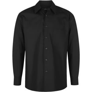 A black long sleeve button-up shirt featuring a pocket and a subtle logo.