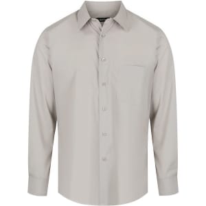 A light-grey men's long sleeve button-up shirt with a chest pocket and a logo.