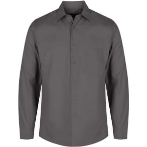 A long sleeve button-up shirt in dark grey with a chest pocket and a logo.