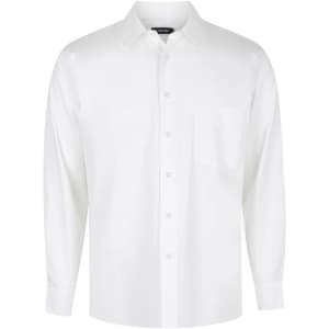 A white long sleeve button-up shirt featuring a collar and a single chest pocket. Includes branding on the tag.