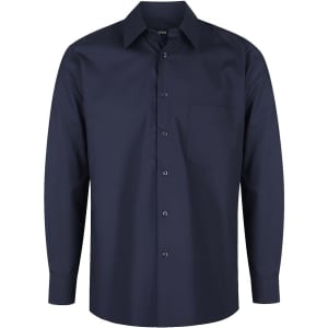 A navy blue long sleeve button-up shirt with a single chest pocket and a branded logo.